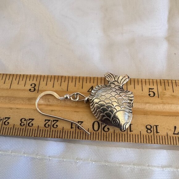 VTG Sterling Silver 925 Textured Puffed Fish Dangle Earrings Size 1.5'' Length - Picture 5 of 7